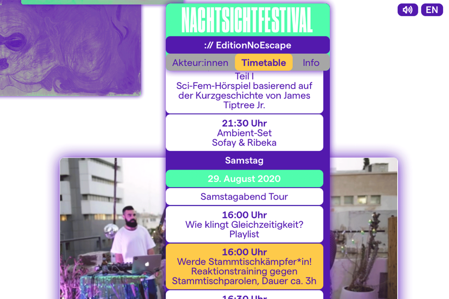 Im Fokus des Screenshots ist der Timetable für den Samstag von 16.00-18.00 Uhr.