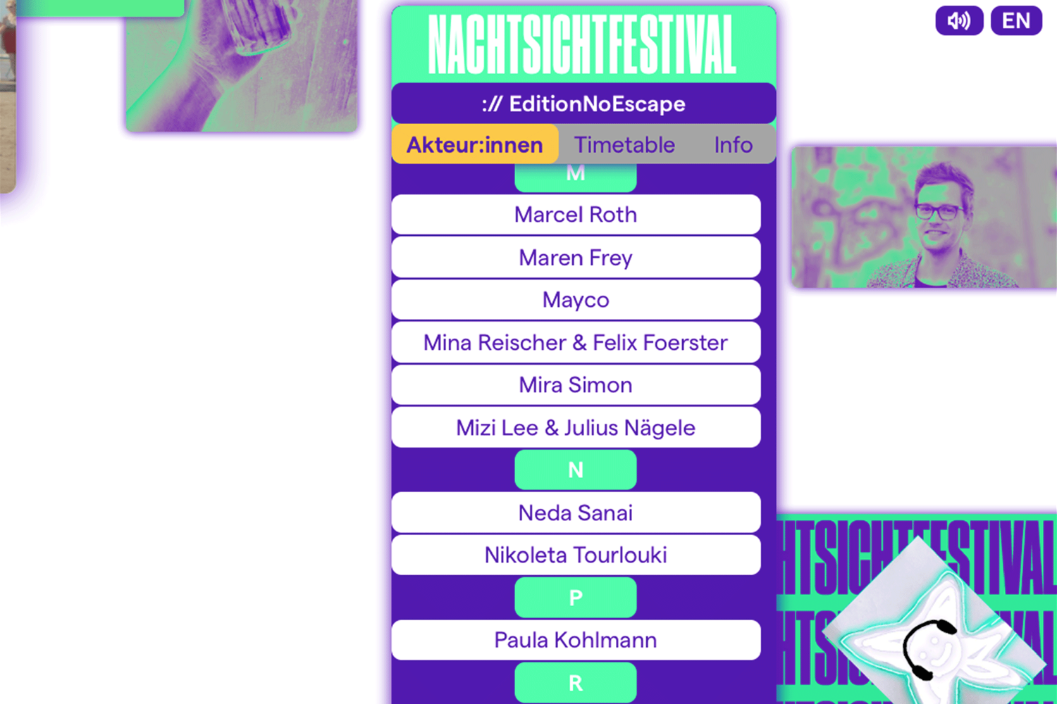 Die Akteur*innen, die Teil des Festivals sind, werden im Timetable in einer Liste alphabetisch angezeigt.