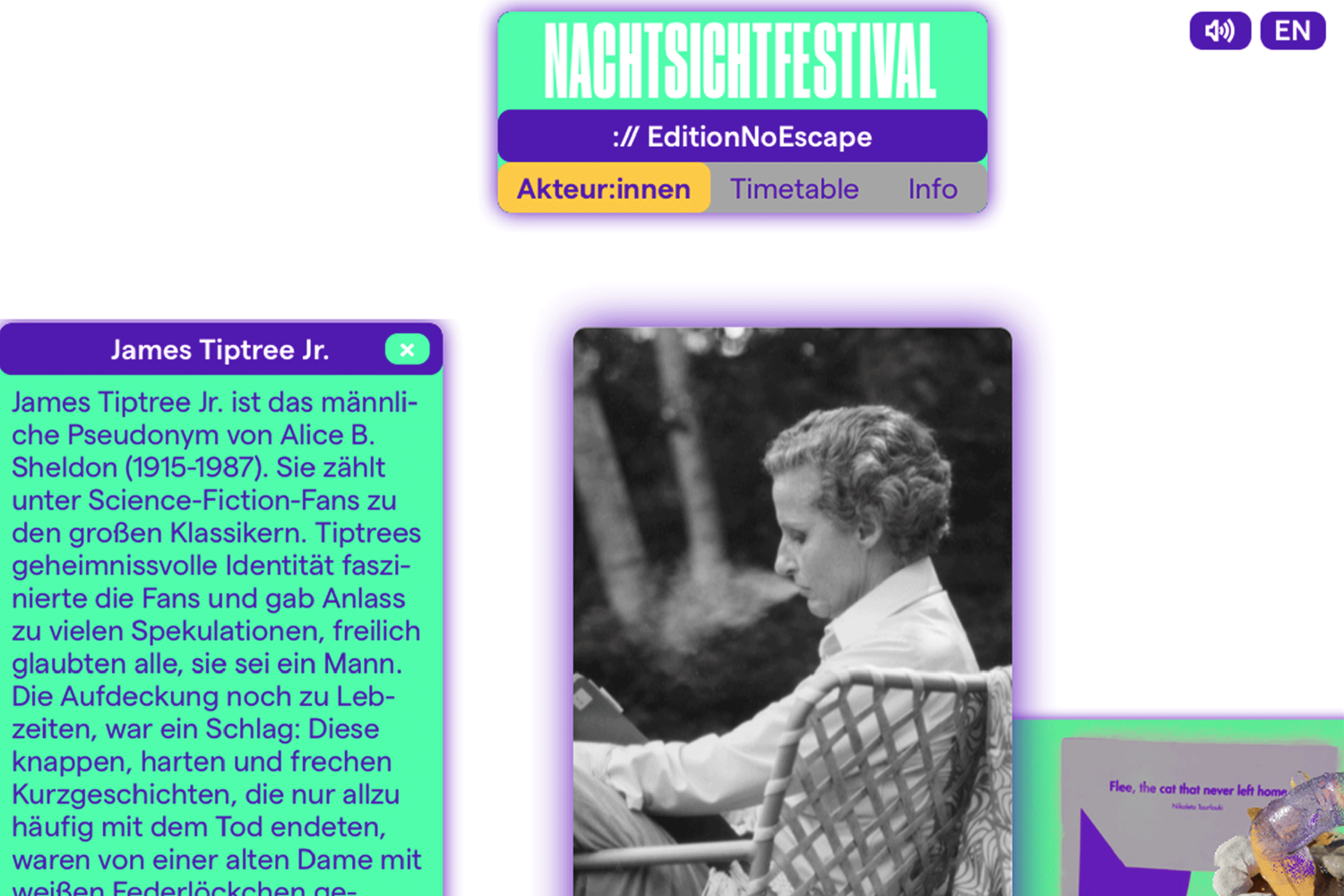 Zu sehen ist ein Ausschnitt der Festivalwebseite. Es zeigt ein Foto von James Tiptree und die Erläuterung des Hörspiels dazu.